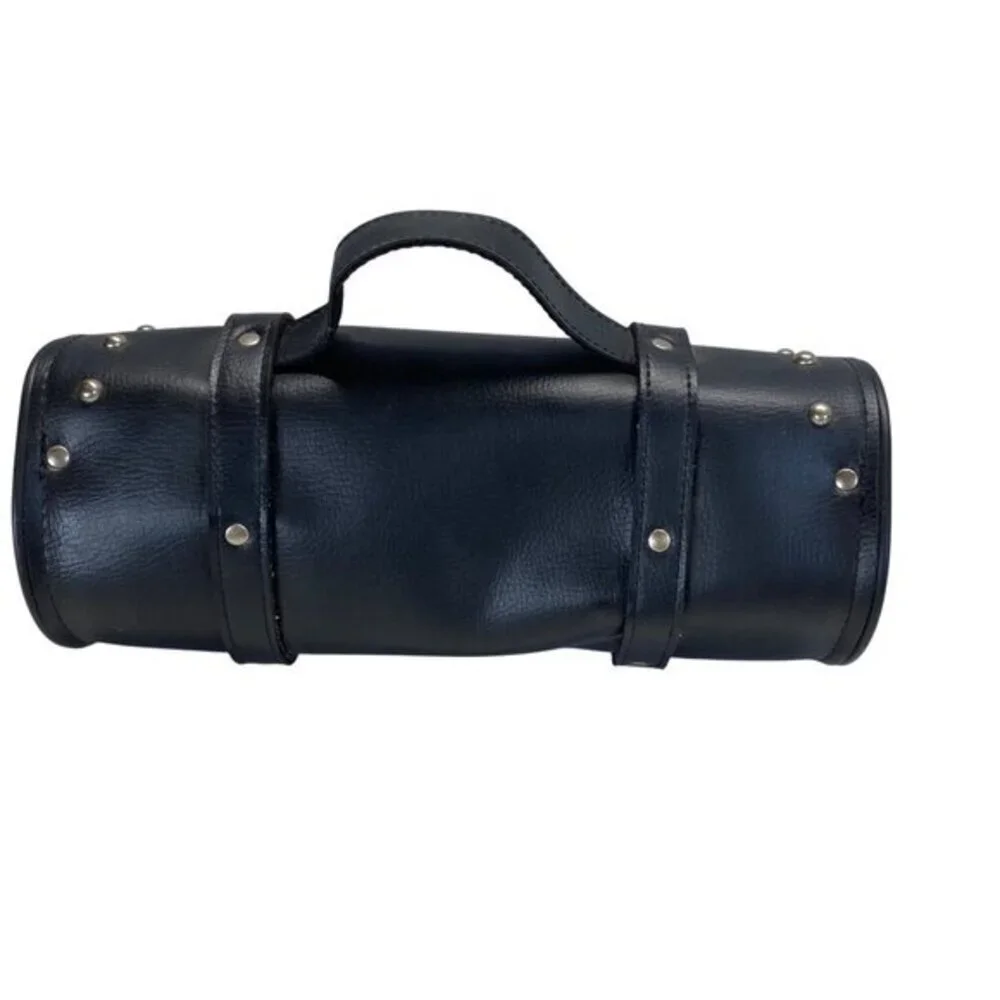 Black Leather Studded Motorcycle Handlebar Tool Bag With Buckle Straps